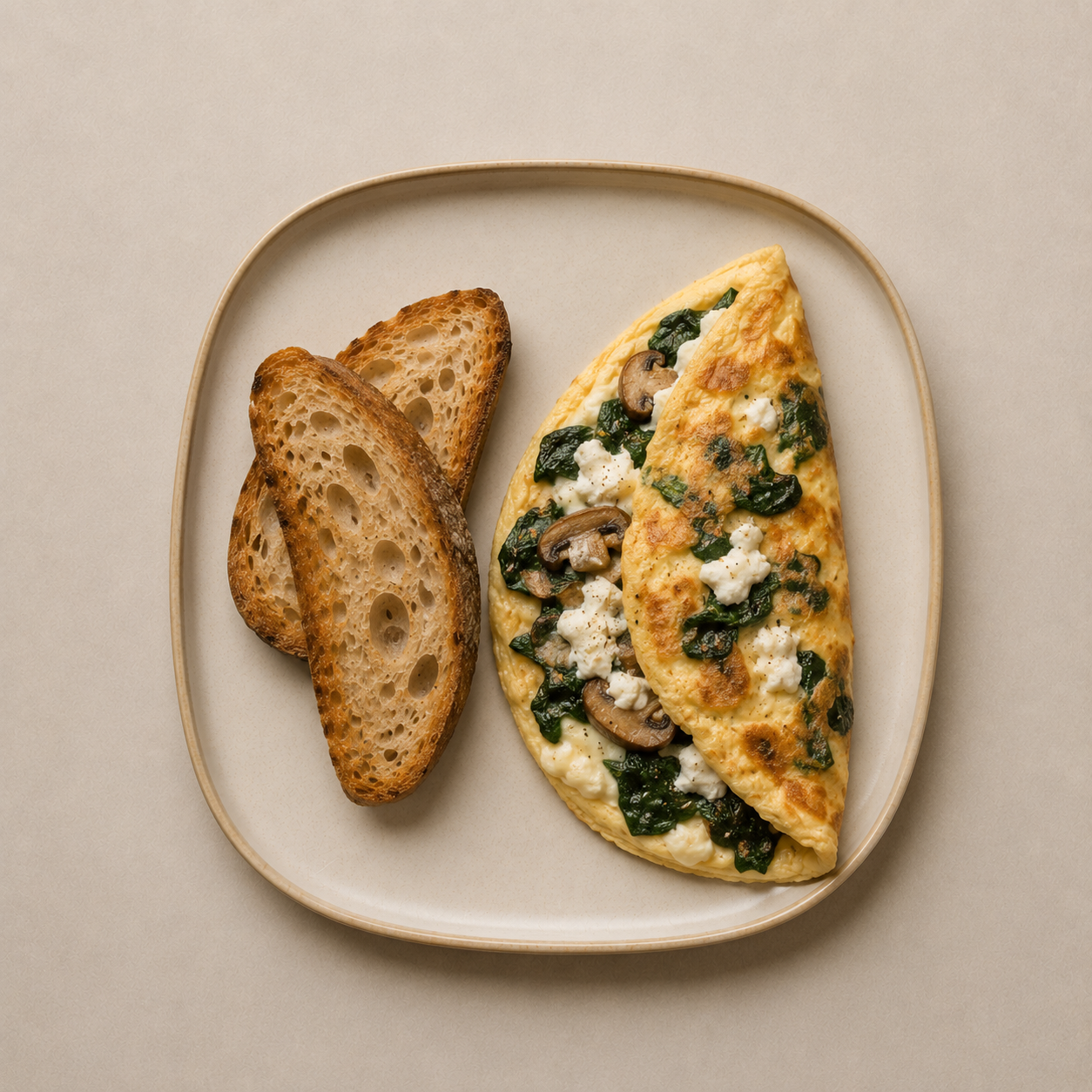 Omelette de espinaca, champiñon y queso ricotta casero